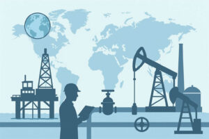 Global illustration of the energy industry showing oil rigs, pipelines, and global connections