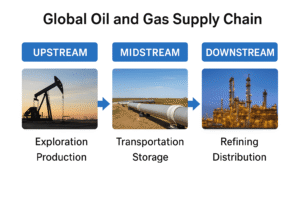 Global oil and gas supply chain showing upstream, midstream, and downstream sectors with oil rigs, pipelines, and refineries.