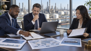Oil and gas professionals reviewing contract terms, pricing and supply-chain information.