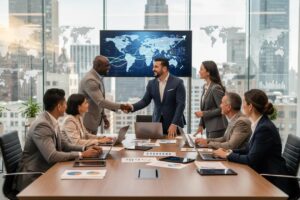 Oil trading buyer and seller meeting with multiple intermediaries in a corporate boardroom.