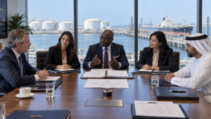 Buyer, seller and intermediaries discussing their roles in an oil and gas transaction.
