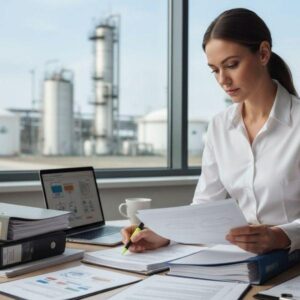 Petroleum trading professionals reviewing an oil supply contract and shipping procedures.