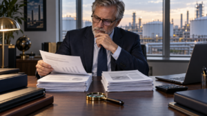 Compliance professional examining inconsistent petroleum documents and payment instructions.