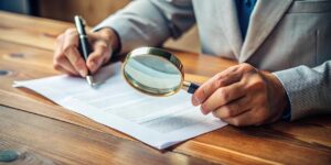 Professional examining petroleum inspection reports and trading documents with a magnifying glass.