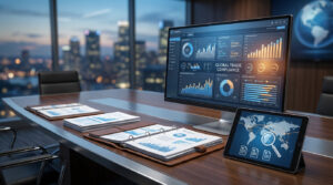 Corporate verification documents and compliance analytics on digital screens