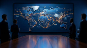 World map showing global oil and gas network lines connecting major energy regions