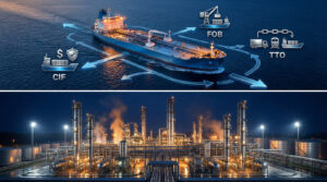 Illuminated oil refinery with metallic structures and strong industrial lighting