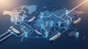 Oil tanker docked at terminal with pipelines and storage tanks during loading