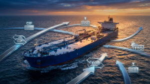 Oil tanker traveling international sea routes with global logistics visuals