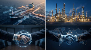 Handshake with global map overlay symbolizing trust and verification