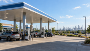 Vehicles at a gas station with a refinery visible in the distance.