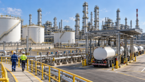Modern oil refinery producing, storing and distributing finished petroleum products.