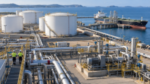 Petroleum pipelines, storage tanks and a tanker representing midstream oil and gas operations.