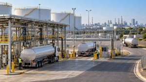 Fuel tanker trucks distributing refined petroleum products from a wholesale terminal to commercial and industrial buyers.