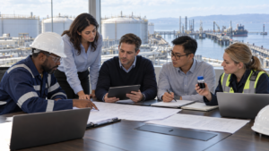 Oil and gas professionals coordinating supply, inspection, shipping and purchasing at a petroleum terminal.