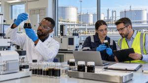 Petroleum inspectors testing crude-oil samples and verifying cargo documentation at an oil terminal laboratory.