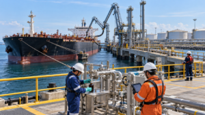 Petroleum inspectors monitoring crude-oil sampling and tanker loading at a coastal terminal.