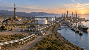 Upstream oil production, midstream pipelines and downstream refinery in one petroleum value-chain scene.