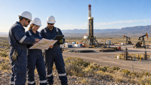 Oil and gas professionals working near a drilling rig and producing wells.