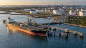 Crude oil tanker at a coastal terminal connected to storage tanks by pipelines.