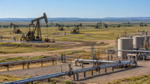 Pumpjacks, storage tanks, and pipelines at an inland oil production site.