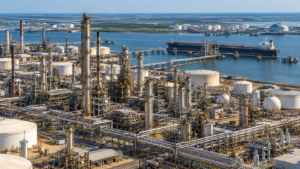 Oil refinery beside a marine terminal with a crude oil tanker and storage tanks.